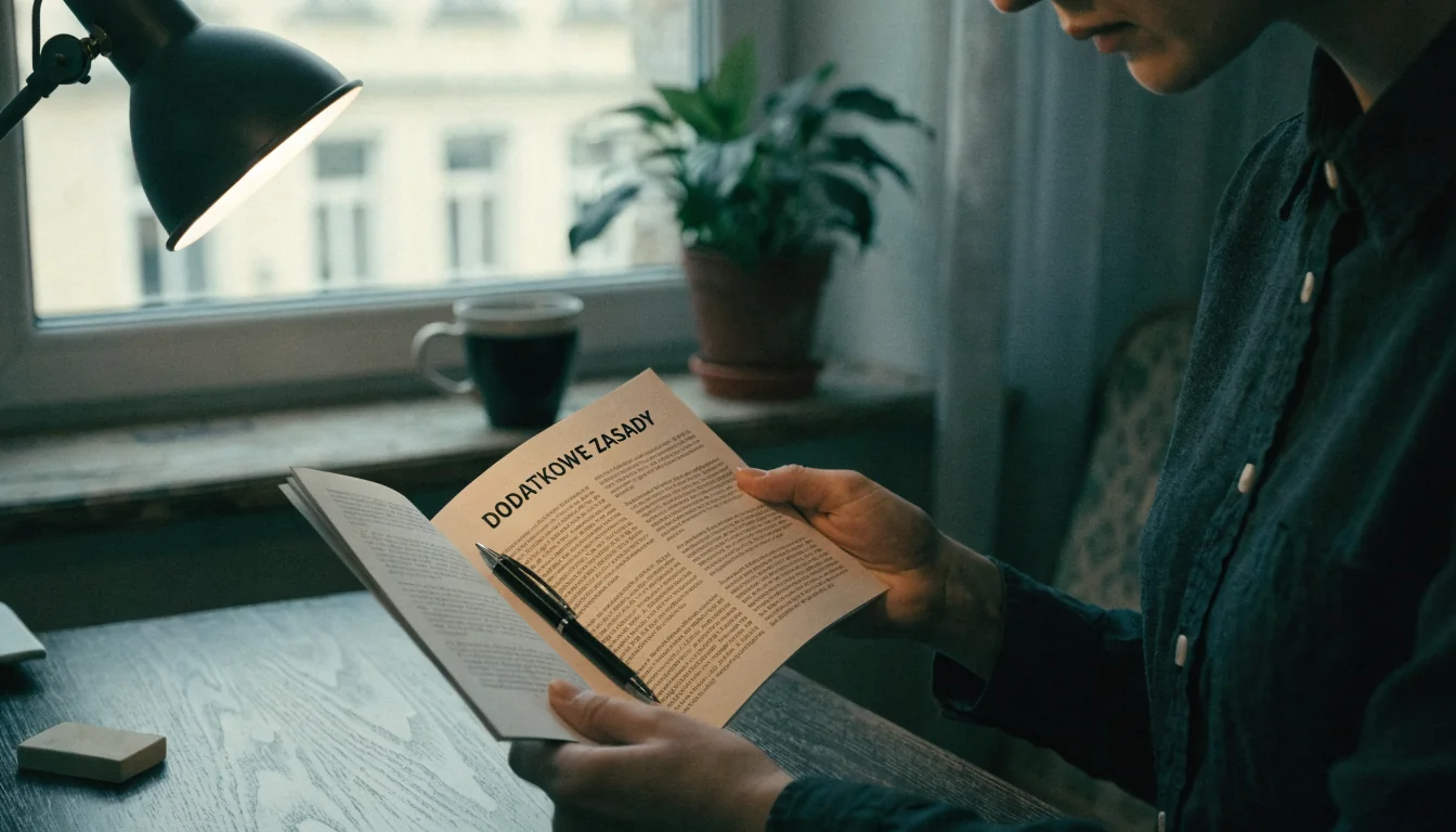 Kobieta czyta regulamin promocji przy biurku w polskim domu wieczorem.