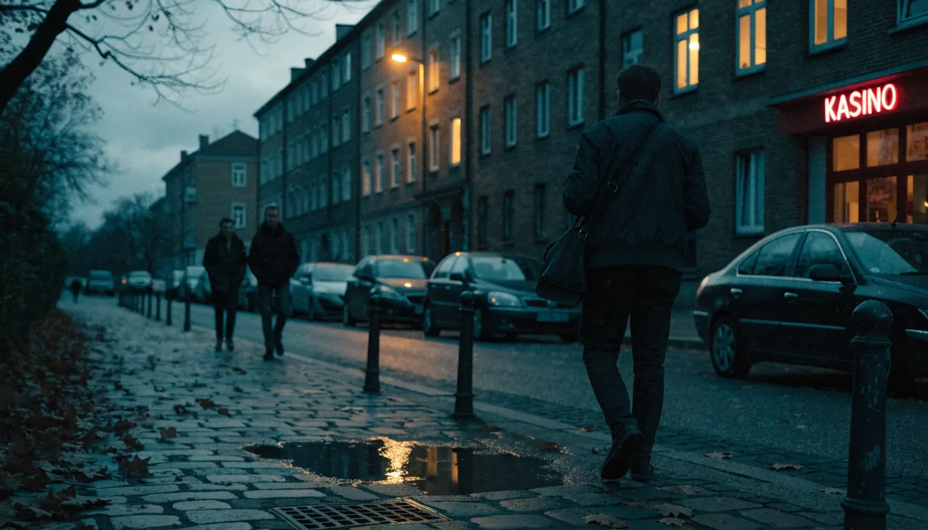 Polskie miasto wieczorem z kasynem na parterze, przechodnie na mokrym chodniku, ciepłe światło latarni.