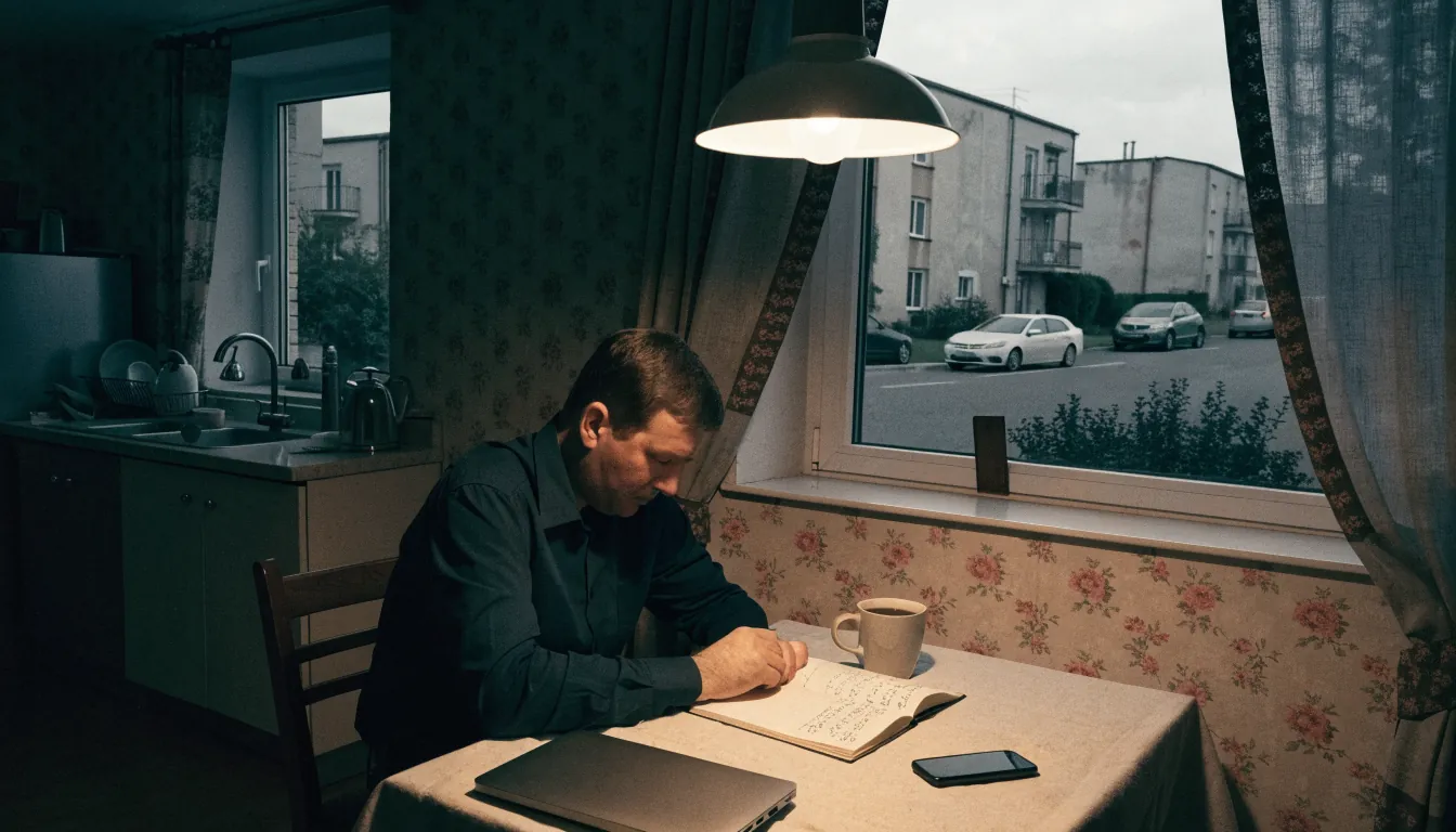 Mężczyzna przy kuchennym stole z zamkniętym laptopem, notatnikiem z budżetem i herbatą.